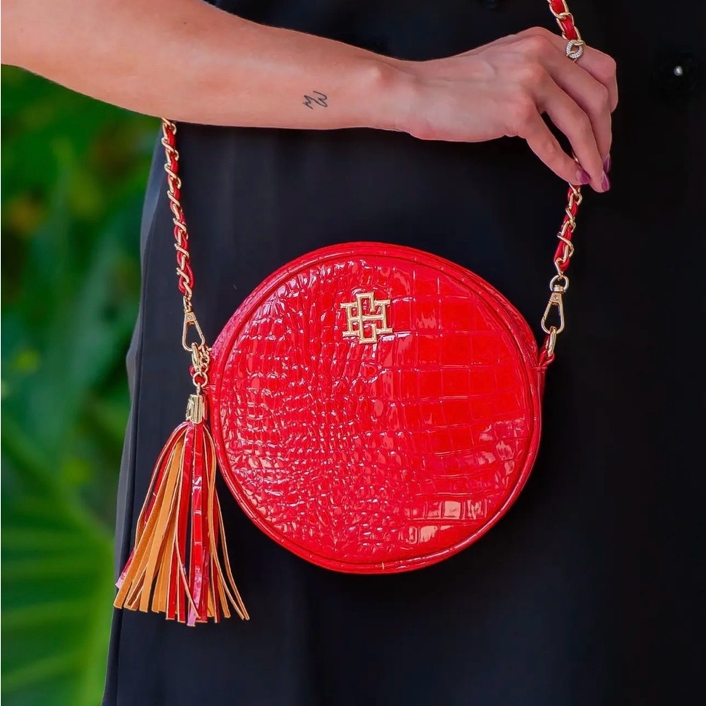 Red Croc-Embossed Round Crossbody Bag with Tassel